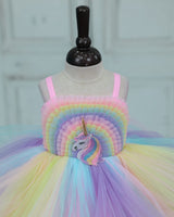 Net Strap-Sleeve Fantasy Unicorn & Rainbow Knee-Length Frock - Rainbow Colours (New)