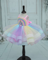 Net Strap-Sleeve Fantasy Unicorn & Rainbow Knee-Length Frock - Rainbow Colours (New)