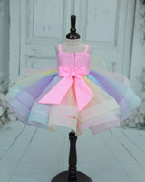 Net Strap-Sleeve Fantasy Unicorn & Rainbow Knee-Length Frock - Rainbow Colours (New)