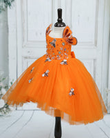 Tangerine Orange Gold Net Satin Honeybee-Themed High-Low Knee-Length Gown for Baby Girl (NEW)