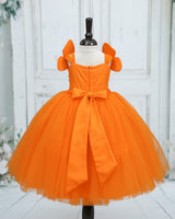 Tangerine Orange Gold Net Satin Honeybee-Themed High-Low Knee-Length Gown for Baby Girl (NEW)