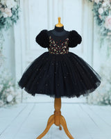 Net Puff-Sleeve Umbrella-Bottom Knee-Length Gown - Black(New)