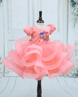 Net Puff Sleeve Huntrix-Themed Calf-Length Frock - Peach Blush (New)