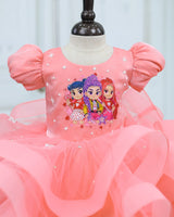 Net Puff Sleeve Huntrix-Themed Calf-Length Frock - Peach Blush (New)