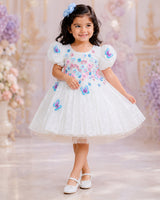 White Leopard Print Puff-Sleeve Floral Appliqué Garden Floral Knee-Length Frock - White
