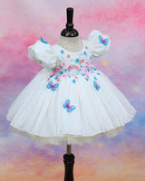 White Leopard Print Puff-Sleeve Floral Appliqué Garden Floral Knee-Length Frock - White