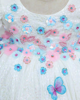 White Leopard Print Puff-Sleeve Floral Appliqué Garden Floral Knee-Length Frock - White