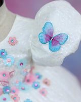 White Leopard Print Puff-Sleeve Floral Appliqué Garden Floral Knee-Length Frock - White