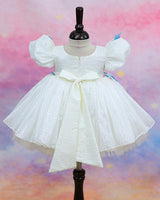 White Leopard Print Puff-Sleeve Floral Appliqué Garden Floral Knee-Length Frock - White