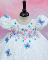 White Leopard Print Puff-Sleeve Floral Appliqué Garden Floral Knee-Length Frock - White