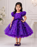 Purple Dark Purple Organza Floral-Print Puff-Sleeve Knee-Length Frock for Girls