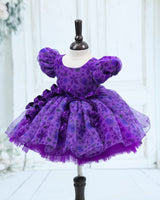 Printed Organza Puff-Sleeve Floral-Print Knee-Length Frock - Purple (New)