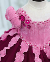 Pleated Satin Puff-Sleeve Fit-and-Flare Floral Knee-Length Frock - Plum Purple (New)