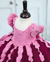 Pleated Satin Puff-Sleeve Fit-and-Flare Floral Knee-Length Frock - Plum Purple (New)