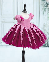 Pleated Satin Puff-Sleeve Fit-and-Flare Floral Knee-Length Frock - Plum Purple (New)