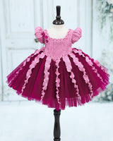 Pleated Satin Puff-Sleeve Fit-and-Flare Floral Knee-Length Frock - Plum Purple (New)