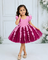Pleated Satin Puff-Sleeve Fit-and-Flare Floral Knee-Length Frock - Plum Purple (New)