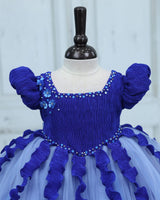 Pleated Satin Puff-Sleeve Fit-and-Flare Floral Knee-Length Frock - Electric Blue and Dusty Blue (New)