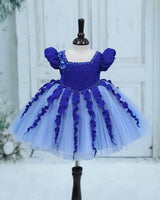 Pleated Satin Puff-Sleeve Fit-and-Flare Floral Knee-Length Frock - Electric Blue and Dusty Blue (New)