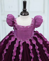 Pleated Satin Puff-Sleeve Fit-and-Flare Floral Knee-Length Frock - Purple Jasper and Dark Plum Purple (New)