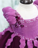 Pleated Satin Puff-Sleeve Fit-and-Flare Floral Knee-Length Frock - Purple Jasper and Dark Plum Purple (New)