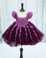 Pleated Satin Puff-Sleeve Fit-and-Flare Floral Knee-Length Frock - Purple Jasper and Dark Plum Purple (New)