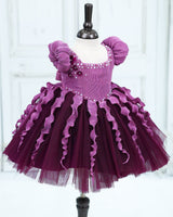 Pleated Satin Puff-Sleeve Fit-and-Flare Floral Knee-Length Frock - Purple Jasper and Dark Plum Purple (New)