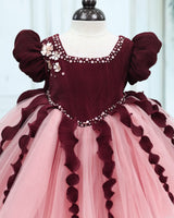Pleated Satin Puff-Sleeve Fit-and-Flare Floral Knee-Leingth Frock - Choclate brown and Peach Pink(New)
