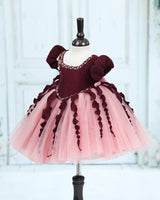 Pleated Satin Puff-Sleeve Fit-and-Flare Floral Knee-Leingth Frock - Choclate brown and Peach Pink(New)