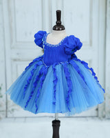 Pleated Satin Puff-Sleeve Fit-and-Flare Floral Knee-Leingth Frock - Cobalt Blue and Saphire Blue (New)
