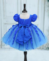 Pleated Satin Puff-Sleeve Fit-and-Flare Floral Knee-Leingth Frock - Cobalt Blue and Saphire Blue (New)