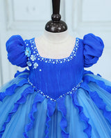 Pleated Satin Puff-Sleeve Fit-and-Flare Floral Knee-Leingth Frock - Cobalt Blue and Saphire Blue (New)