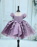 Pleated Satin Puff-Sleeve Fit-and-Flare Floral Knee-Leingth Frock - Sea Fog and Light Antique Violet (New)