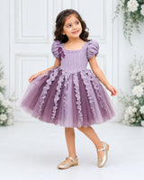 Pleated Satin Puff-Sleeve Fit-and-Flare Floral Knee-Leingth Frock - Sea Fog and Light Antique Violet (New)
