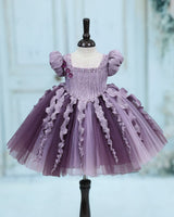 Pleated Satin Puff-Sleeve Fit-and-Flare Floral Knee-Leingth Frock - Sea Fog and Light Antique Violet (New)
