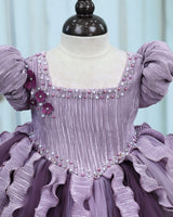 Pleated Satin Puff-Sleeve Fit-and-Flare Floral Knee-Leingth Frock - Sea Fog and Light Antique Violet (New)