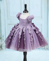 Pleated Satin Puff-Sleeve Fit-and-Flare Floral Knee-Leingth Frock - Sea Fog and Light Antique Violet (New)