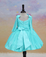 Net cotta Sleeveless Floral Embroidered Knee-Length Frock with Bow Tie on Shoulder - Pale Aqua Blue (New)