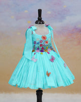 Net cotta Sleeveless Floral Embroidered Knee-Length Frock with Bow Tie on Shoulder - Pale Aqua Blue (New)