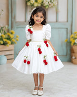 Off White Red Satin Net Tulip Mutton-Sleeve Knee-Length Gown for Girls