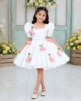 White Rose Pink Satin Net Tulip Mutton-Sleeve Knee-Length Gown for Girls