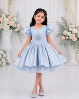 Dusty Blue Organza Beaded Sequin Puff-Sleeve Knee-Length Gown for Girls