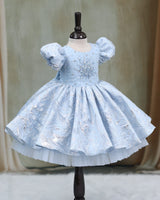 Dusty Blue Organza Beaded Sequin Puff-Sleeve Knee-Length Gown for Girls