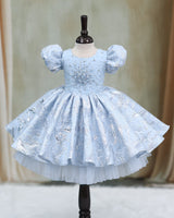 Dusty Blue Organza Beaded Sequin Puff-Sleeve Knee-Length Gown for Girls