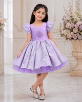 Lavender Organza Beaded Sequin Puff-Sleeve Knee-Length Gown for Girls