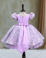 Turkish Organza Puff Sleeve Beaded & Sequined Yoke Knee-Length Gown - Lavender (New)