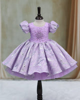 Turkish Organza Puff Sleeve Beaded & Sequined Yoke Knee-Length Gown - Lavender (New)