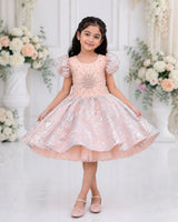 Coral Peach Organza Beaded Sequin Puff-Sleeve Knee-Length Gown for Girls