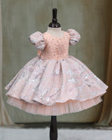 Turkish Organza Puff Sleeve Beaded & Sequined Yoke Knee-Length Gown - Coral Peach (New)