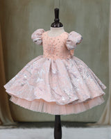 Turkish Organza Puff Sleeve Beaded & Sequined Yoke Knee-Length Gown - Coral Peach (New)